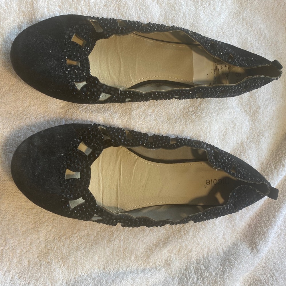 Black Beaded Cutout Ballet Flats Womens 8.5 M Round Toe Slip On